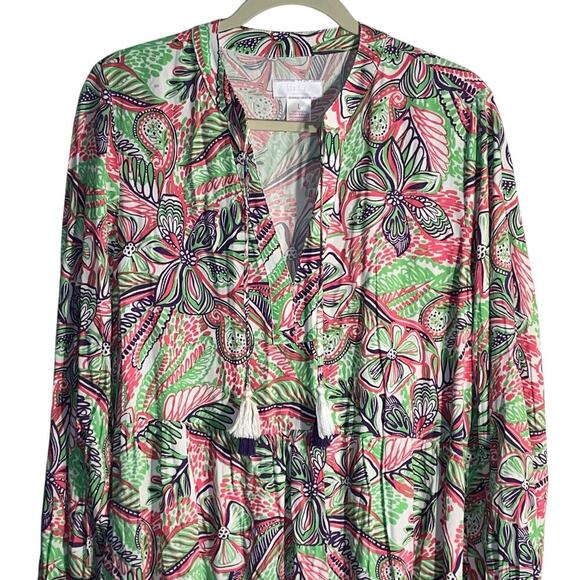 Stella Parker Collection Floral Tiered Tassel Dress Pink Green Navy Rayon Size L - Picture 2 of 6